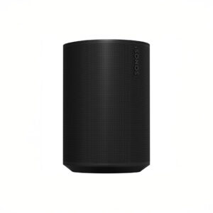 Black wireless speaker with mesh design.