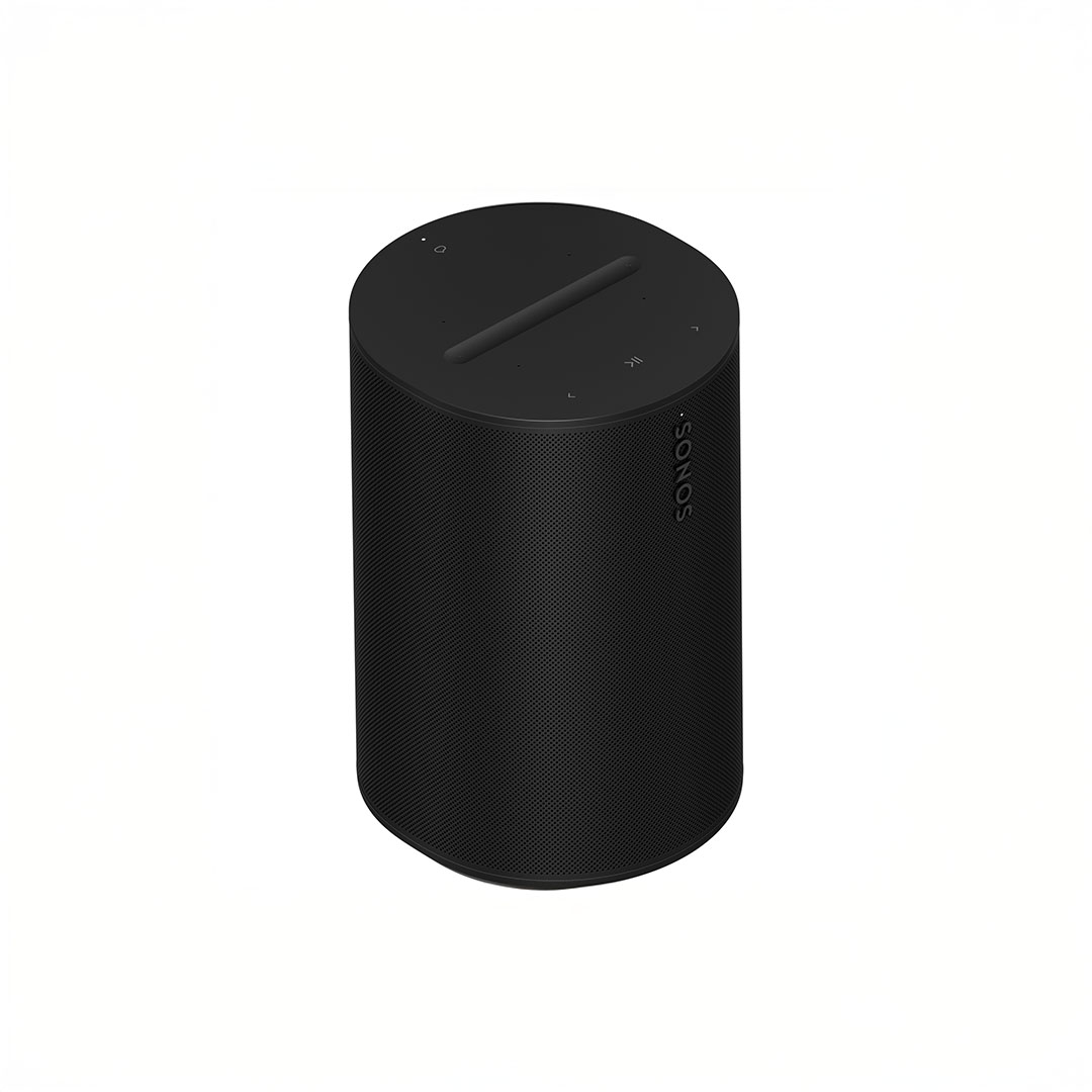 Black smart speaker with touch controls.