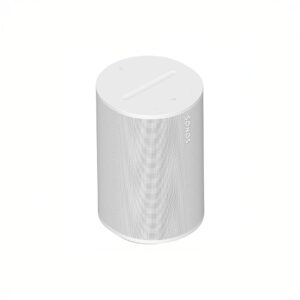 White cylindrical smart speaker with touch controls.