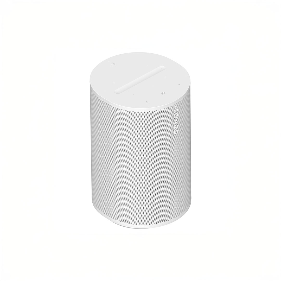 White cylindrical smart speaker with touch controls.