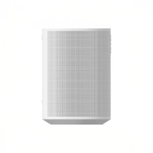 White wireless speaker with mesh front panel.