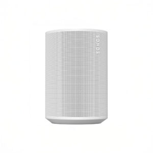 White wireless speaker with a sleek design.