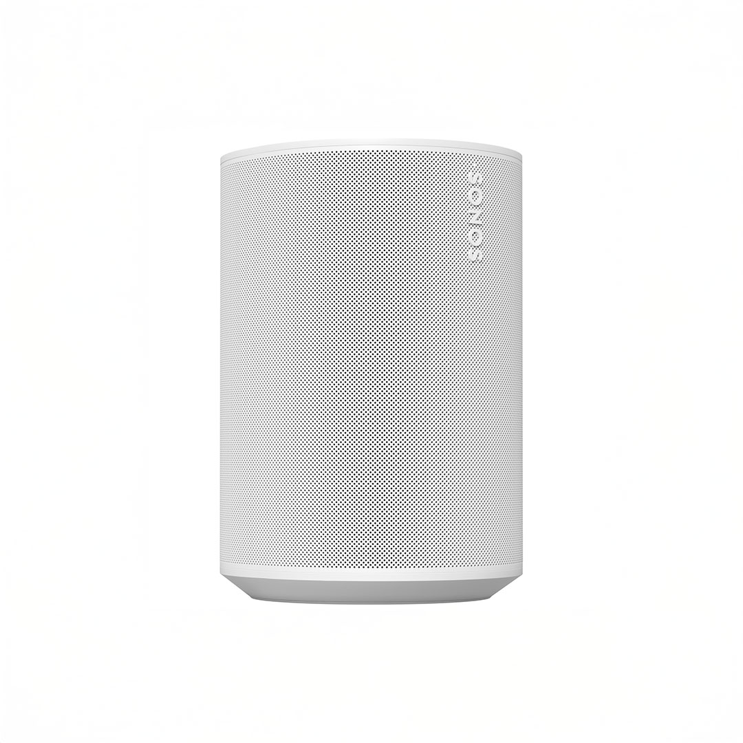 White wireless speaker with a sleek design.