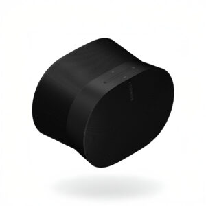 Black wireless speaker on white background.