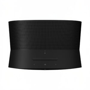 Black modern wireless speaker with control buttons