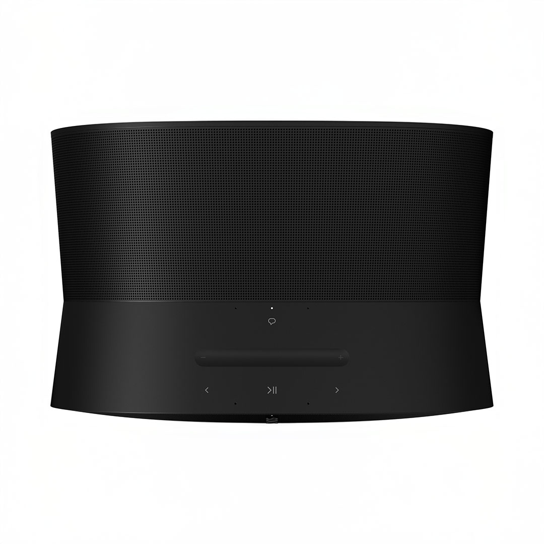 Black modern wireless speaker with control buttons