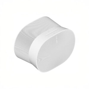 White wireless speaker with mesh design, top controls.