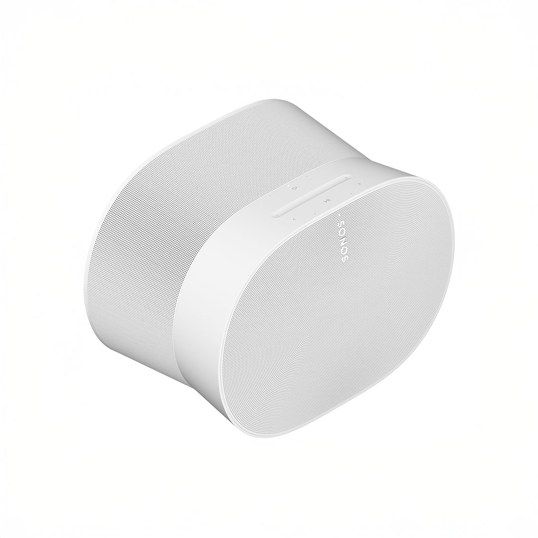 White wireless speaker with mesh design, top controls.