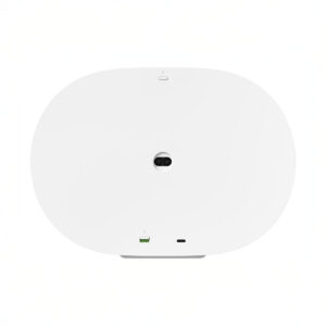 White device with camera and ports, top view.