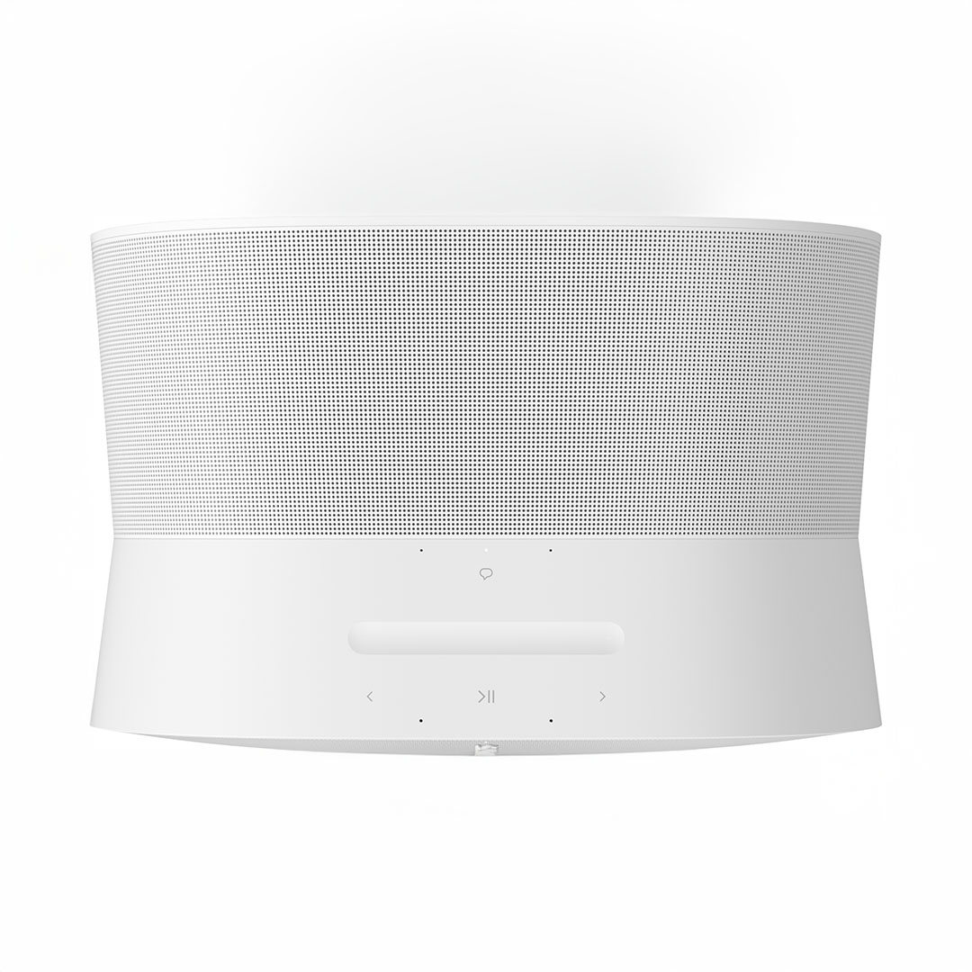 White smart speaker with control buttons on front.