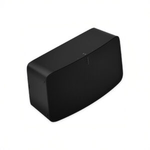 Black wireless speaker on white background.