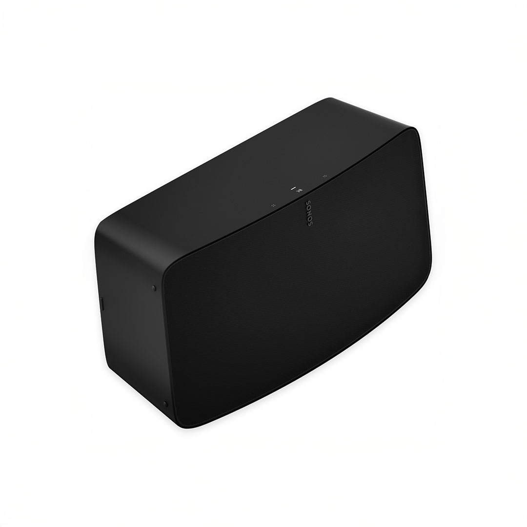 Black wireless speaker on white background.