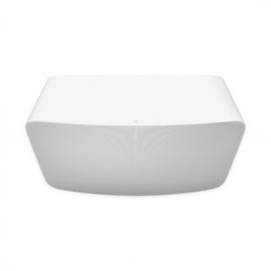 White wireless speaker, top view, minimal design.