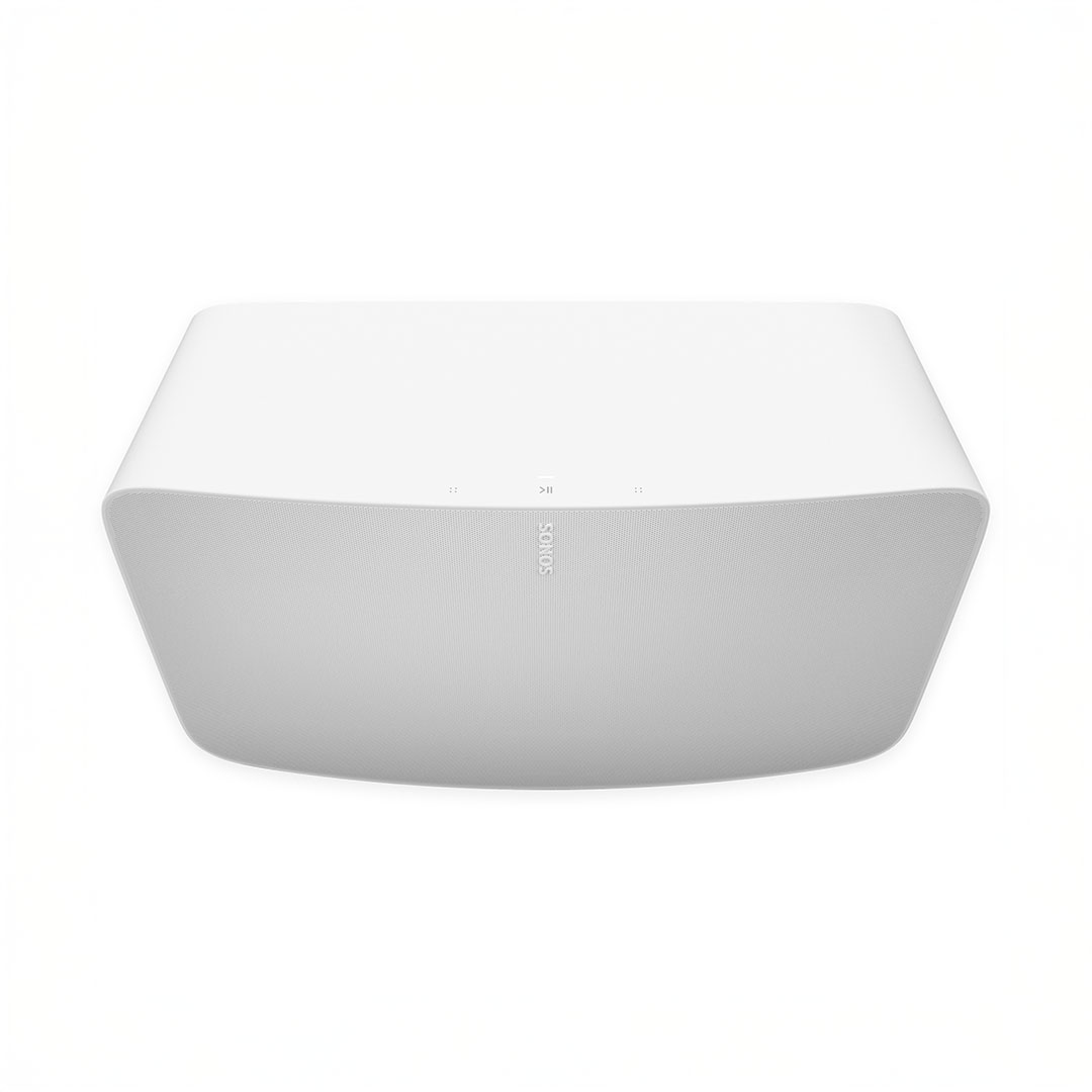 White wireless speaker, top view, minimal design.