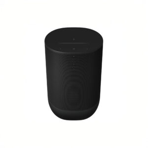 Black wireless smart speaker with touch controls.