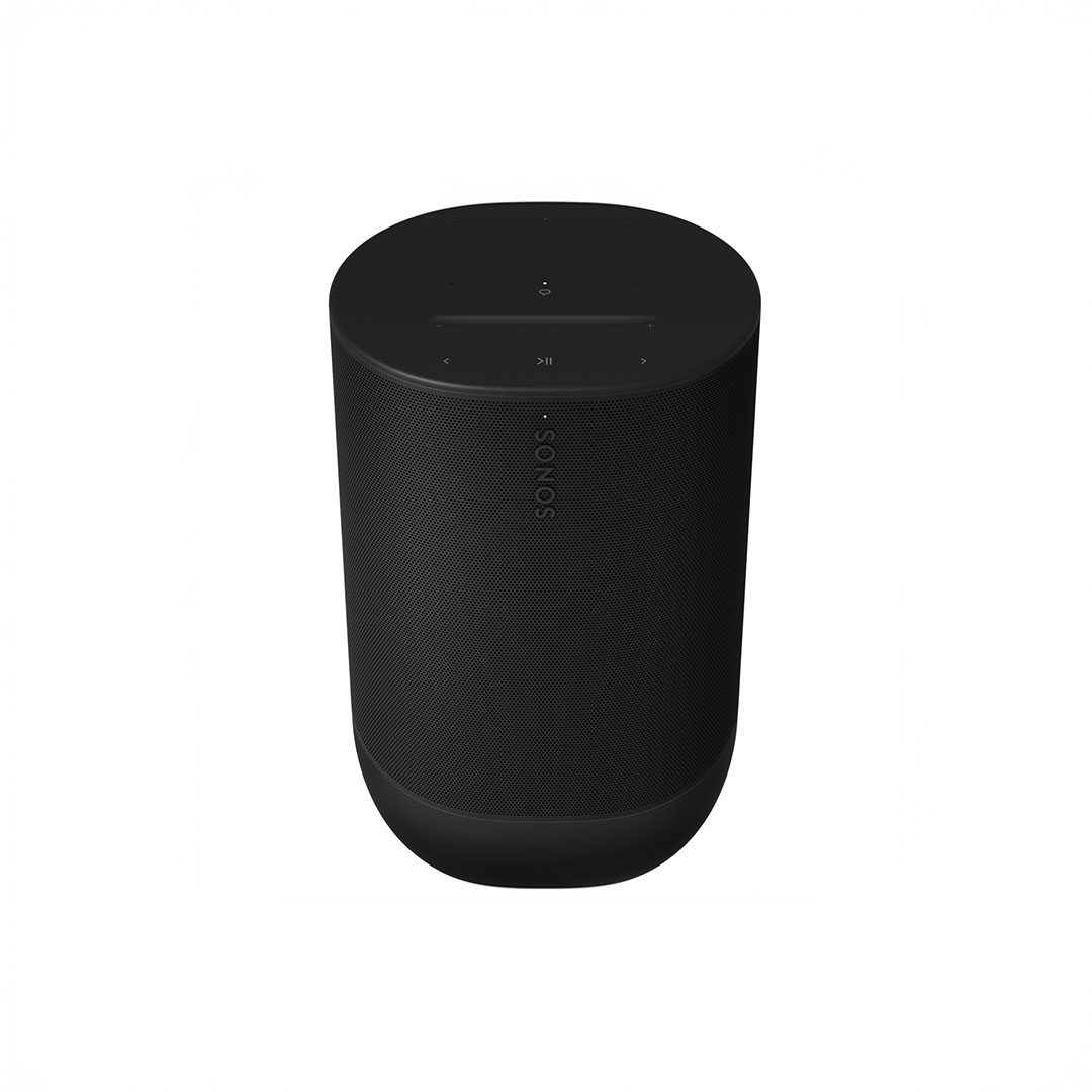 Black wireless smart speaker with touch controls.