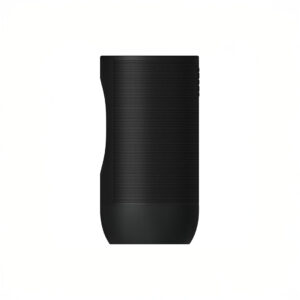 Black wireless speaker on white background.