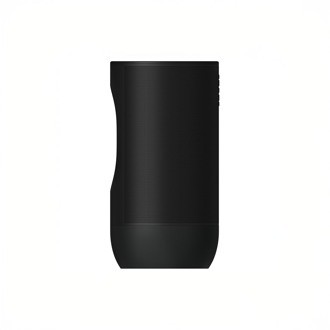 Black wireless speaker on white background.