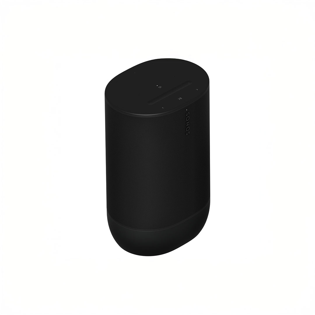 Black wireless speaker on white background