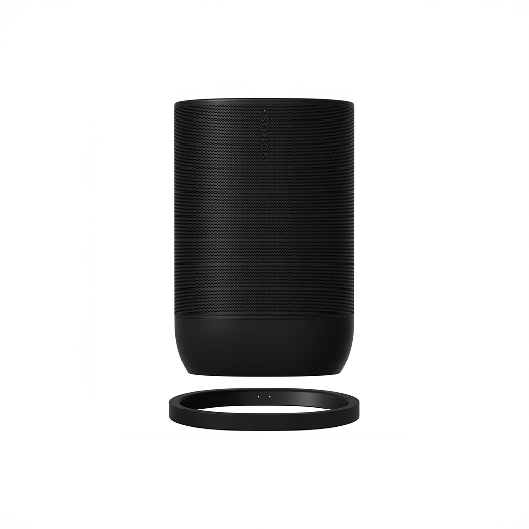 Black wireless speaker with charging ring.