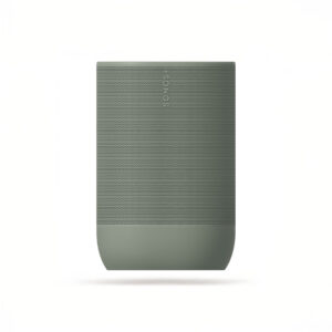 Gray portable speaker on white background.