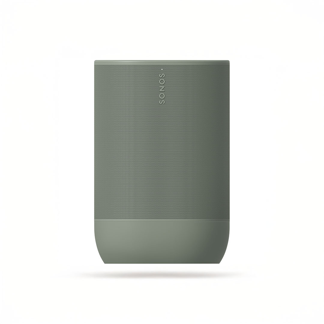 Gray portable speaker on white background.