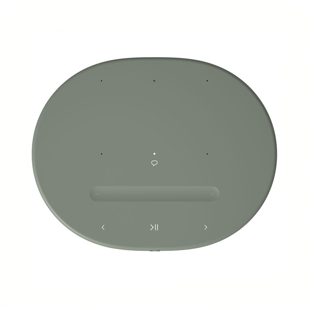 Olive green wireless speaker top view with controls