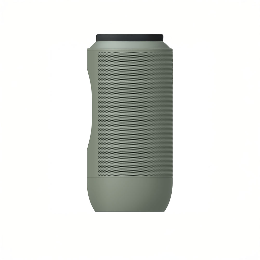 Green portable Bluetooth speaker, minimalist design.