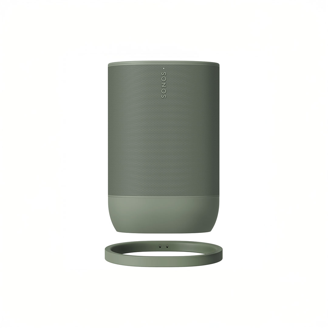 Smart speaker on charging base, minimalist design.