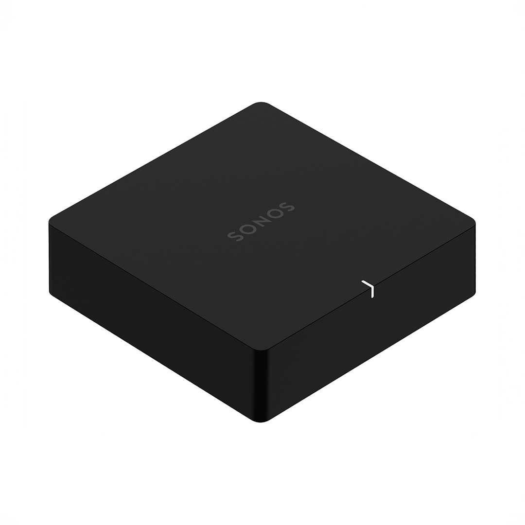 Black Sonos wireless audio receiver device.