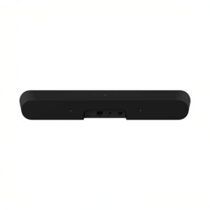 Black soundbar rear view with ports visible.