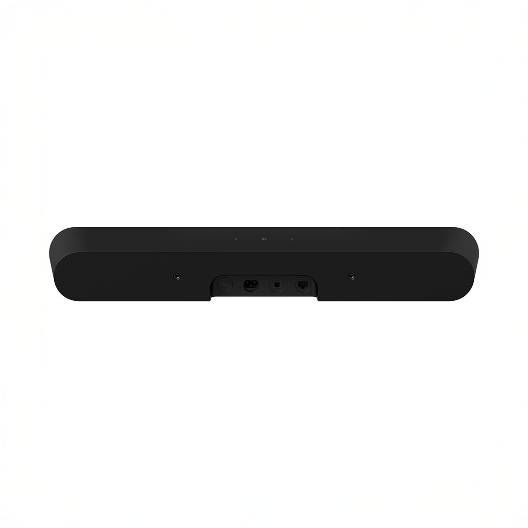 Black soundbar rear view with ports visible.