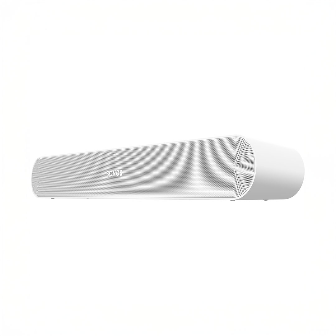 White wireless soundbar speaker on white background.