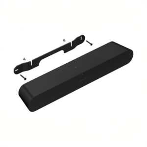 Black soundbar with wall mounting bracket and screws.