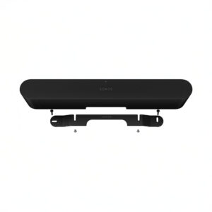 Black soundbar with wall mounting bracket and screws.