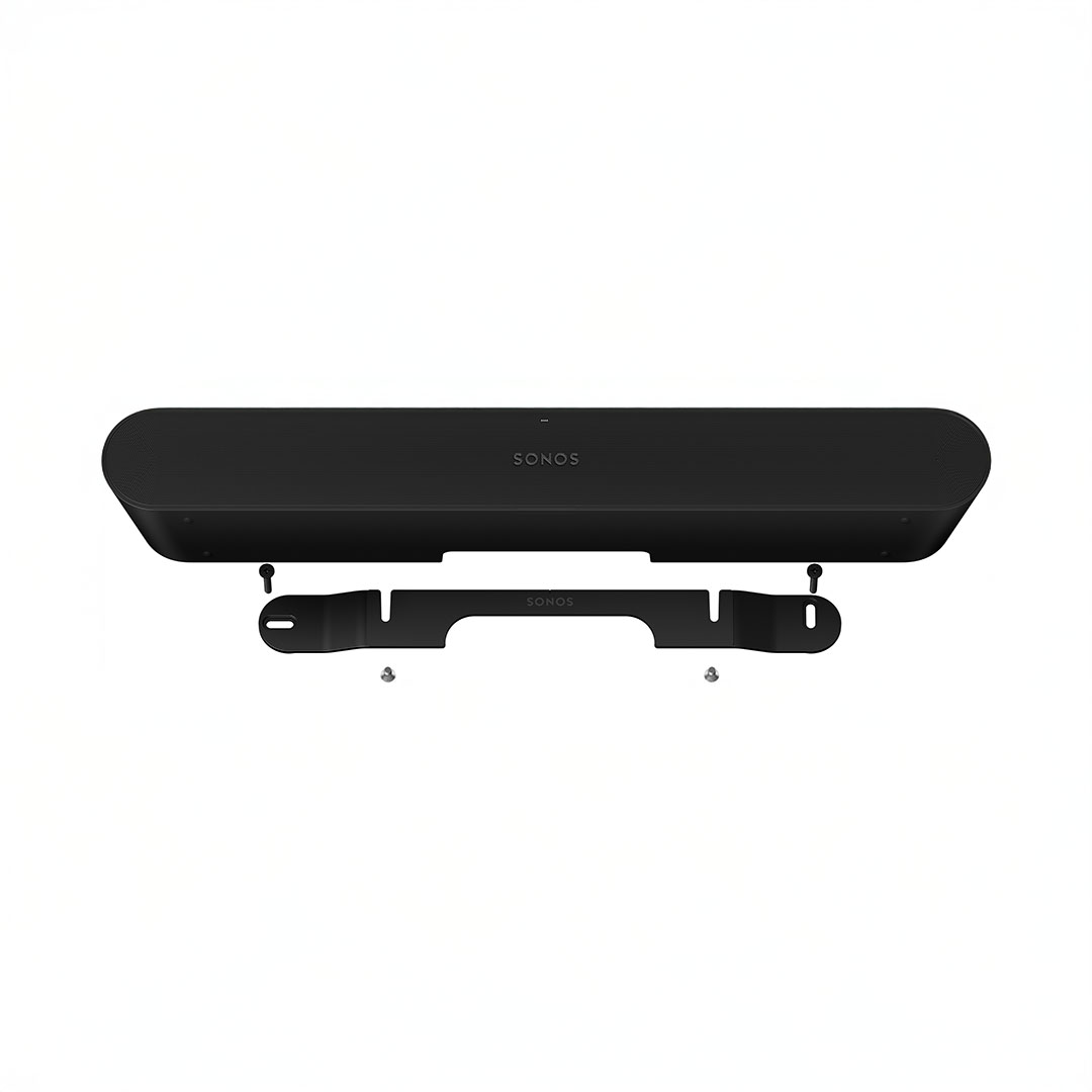Black soundbar with wall mounting bracket and screws.