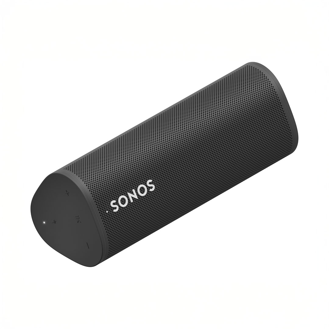 Black Sonos Bluetooth speaker, angled view.