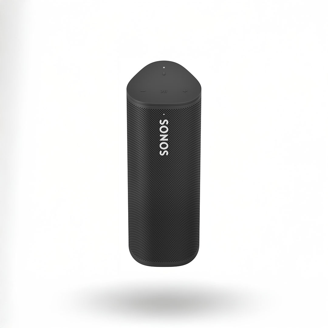 Black wireless speaker with buttons on top