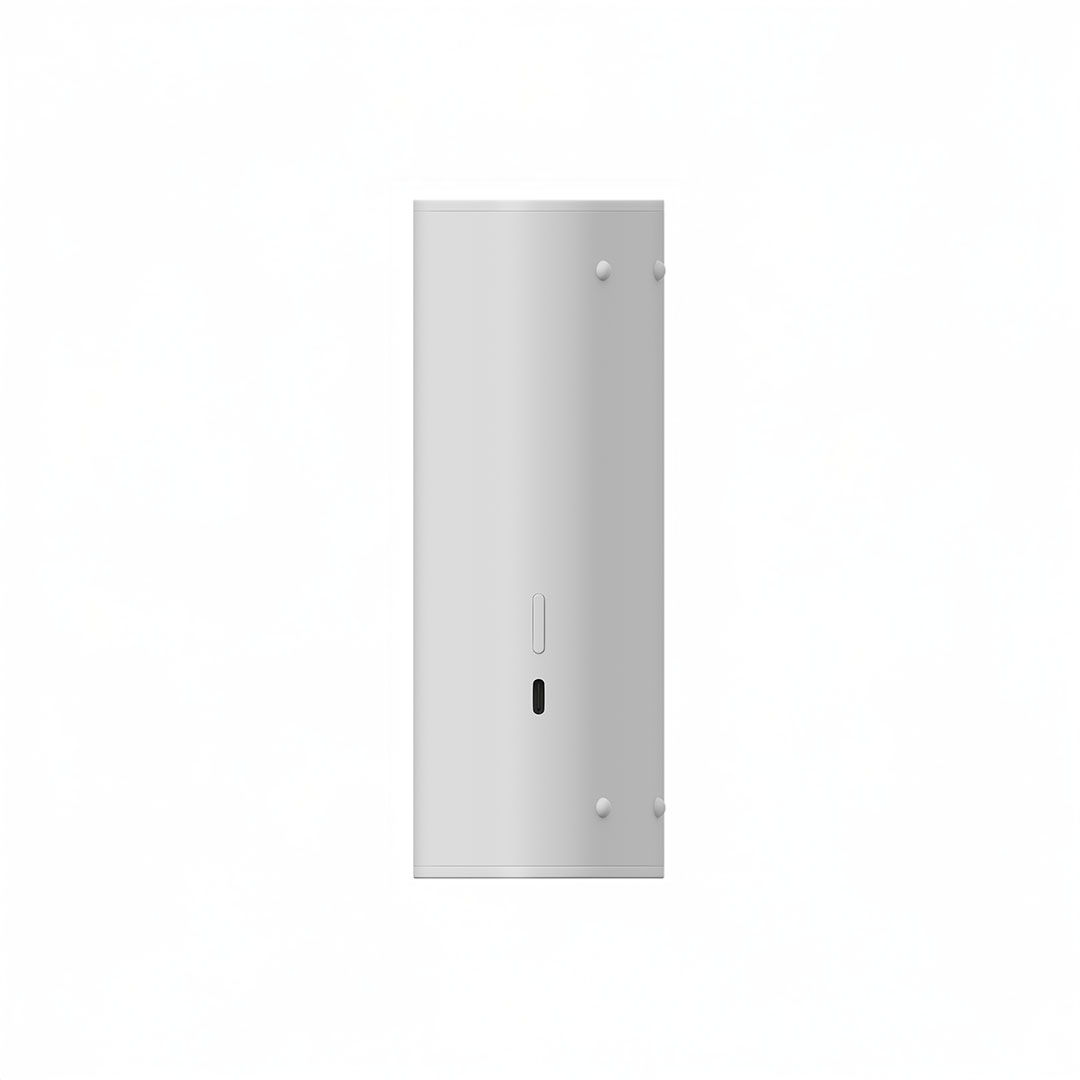 Sleek white wireless router on white background.