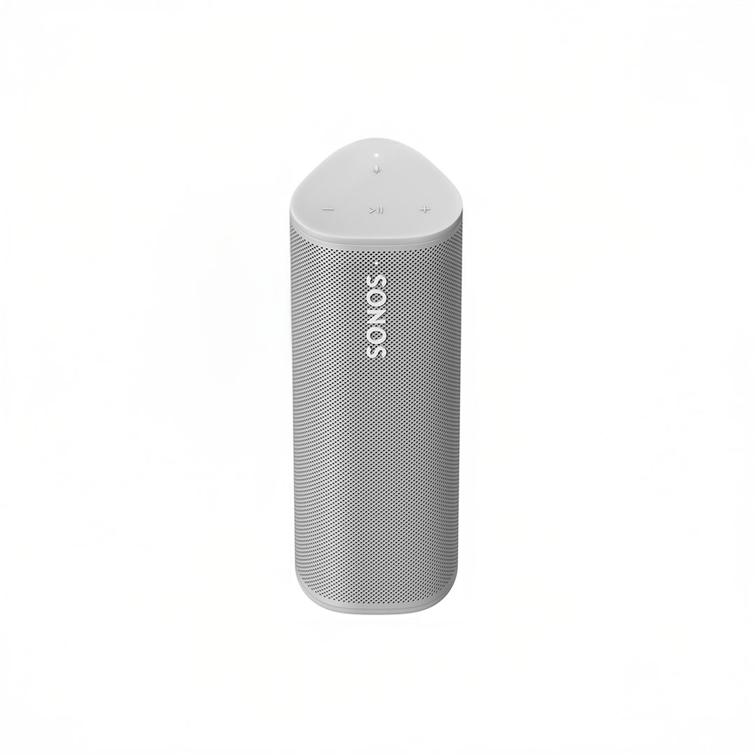Portable wireless speaker, cylindrical and gray.