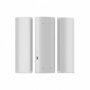 Three white tower speakers on display