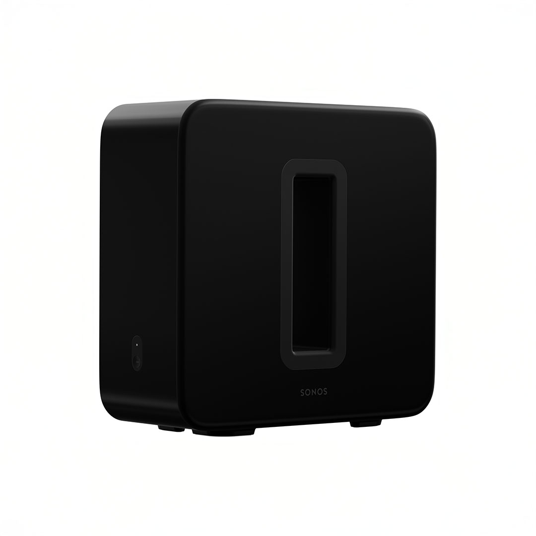 Black wireless home audio subwoofer