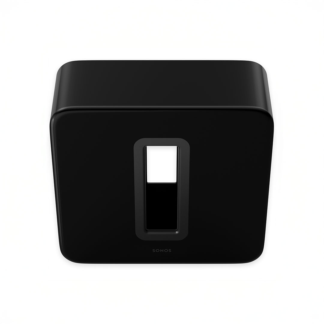 Black wireless subwoofer for home audio systems.
