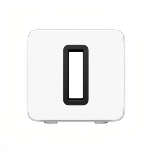 White rectangular speaker with black rectangle cutout.