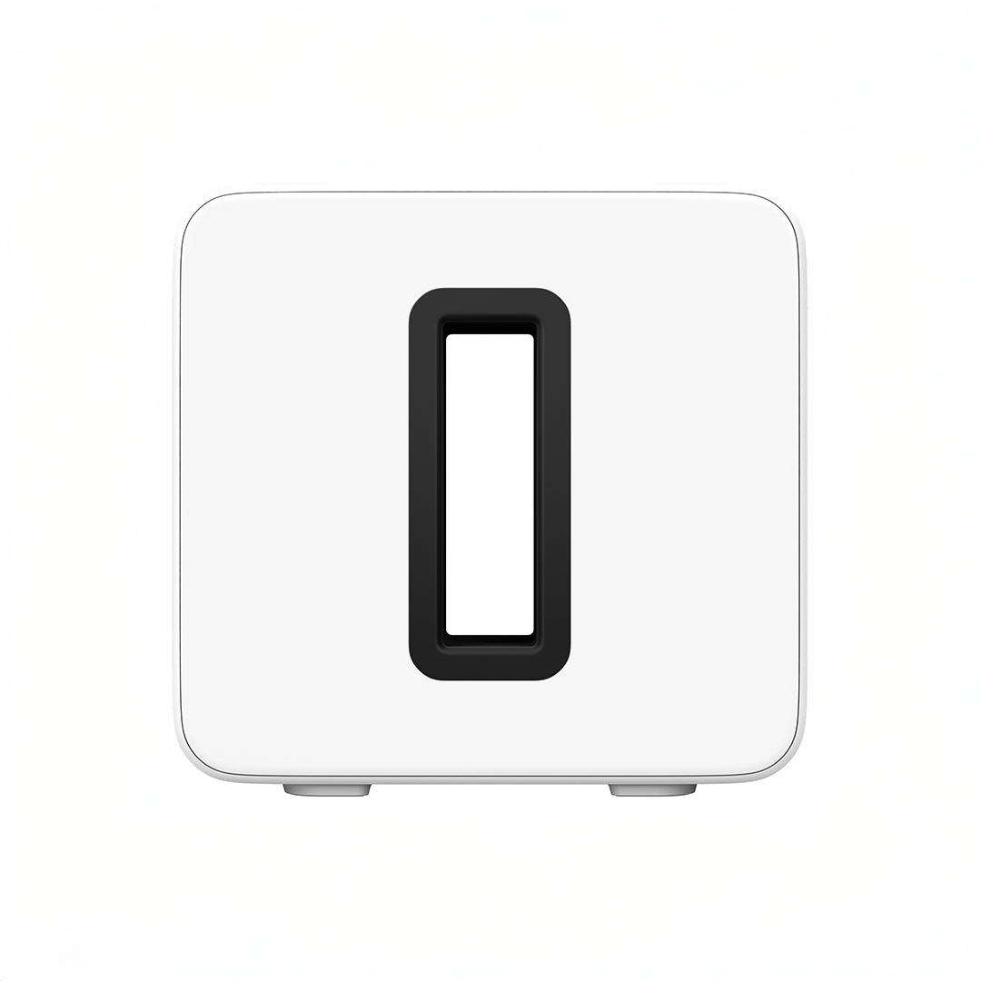 White rectangular speaker with black rectangle cutout.
