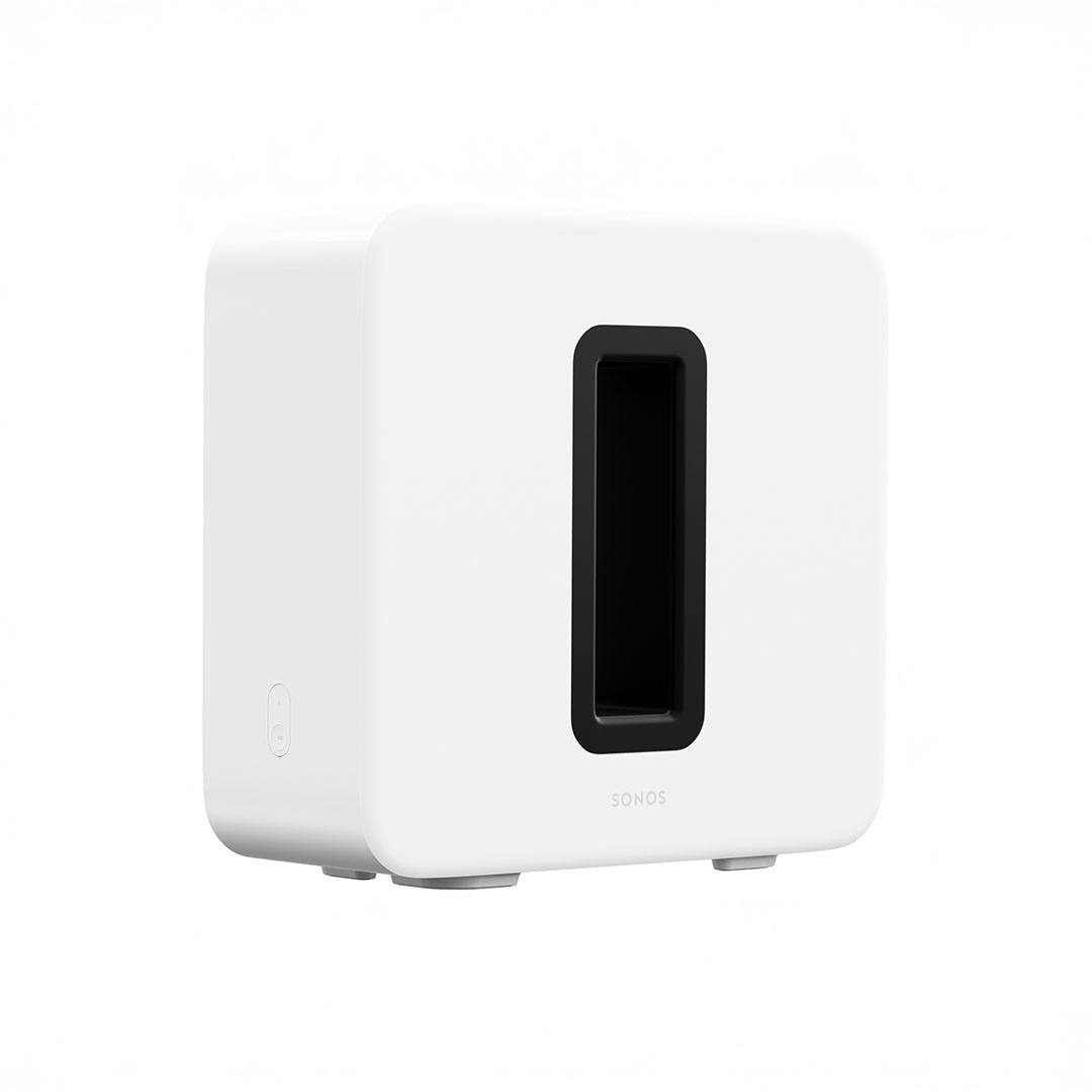 White wireless subwoofer speaker with black center panel.
