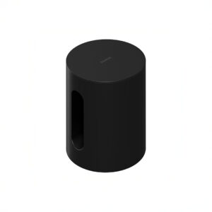 Black cylindrical wireless speaker on white background.