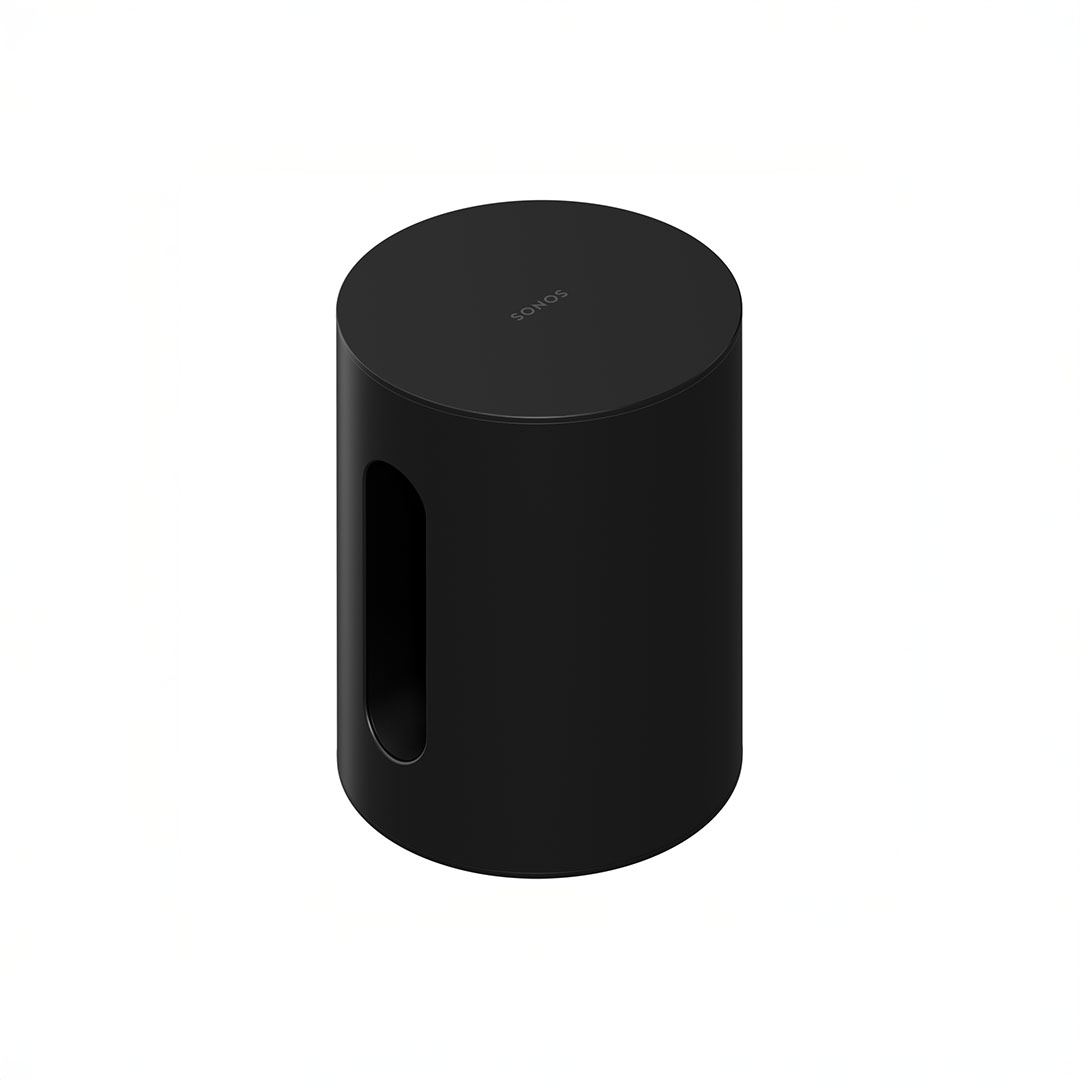 Black cylindrical wireless speaker on white background.