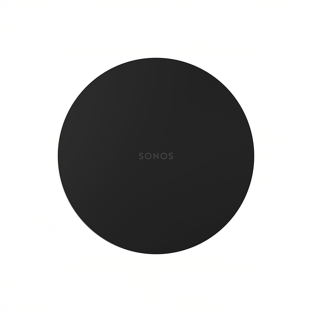 Black circular Sonos subwoofer on white background.