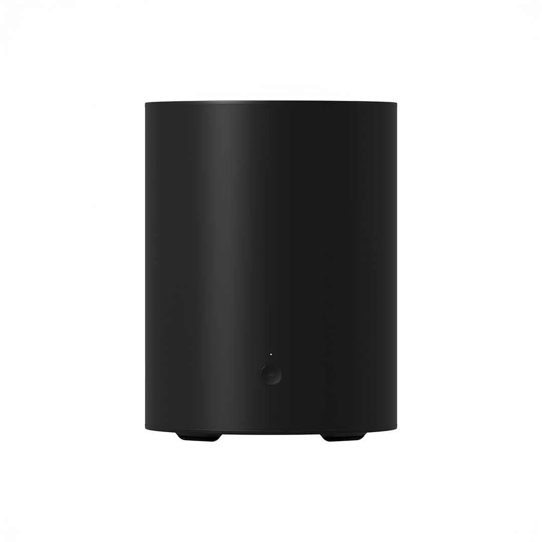 Black smart speaker on white background